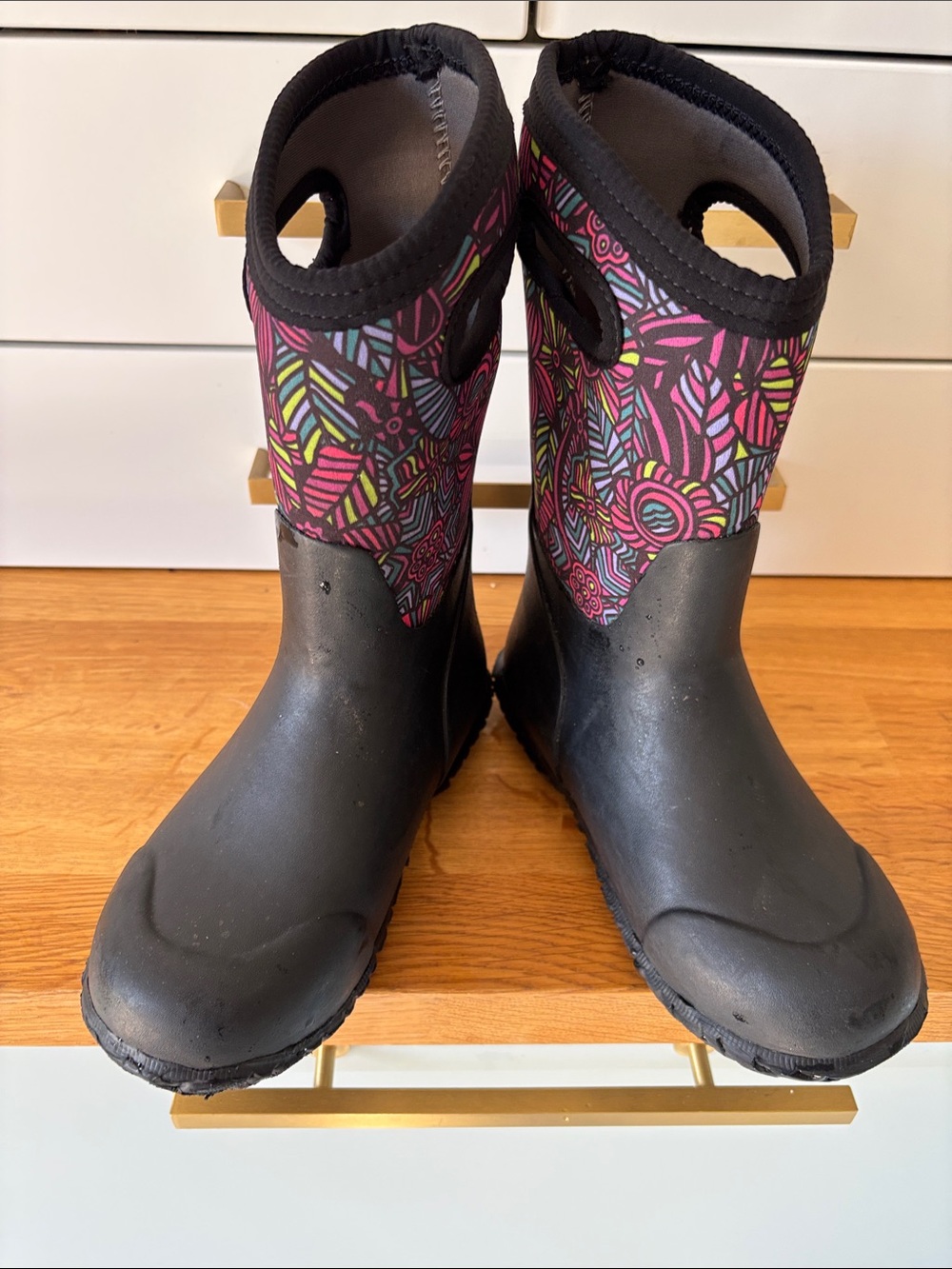 Bogs-waterproof Black Rain/snow Boots with Pink & Multicolor Abstract Top